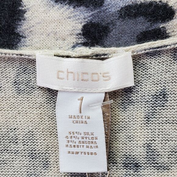 Chico's Wild Sadie Cardigan Sweater 1 Medium Black Gray Leopard Silk Angora NWT - Picture 4 of 7